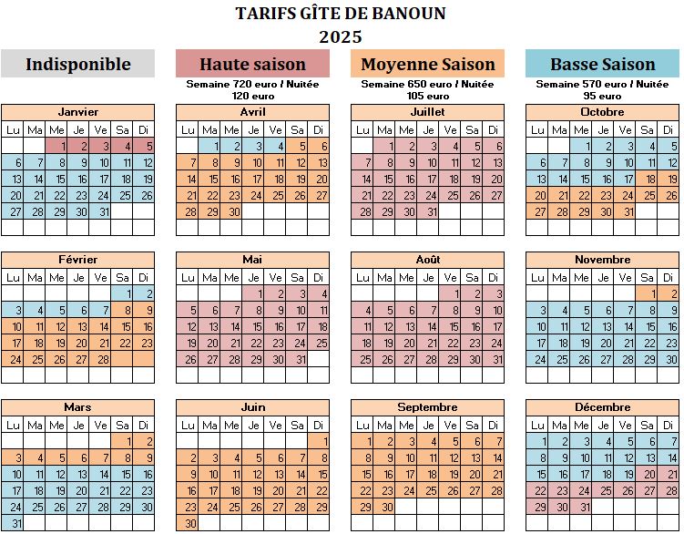 Tarifs gîte de Banoun 2025